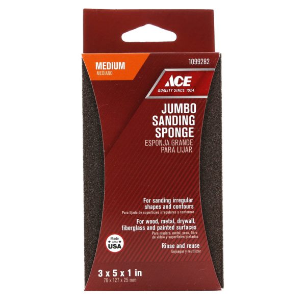 Ace 5 in. L X 3 in. W X 1 in. 80 Grit Medium Extra Large Sanding Sponge on Sale