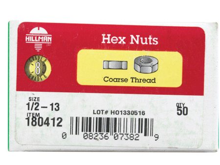 HILLMAN 1 2 in. Zinc Dichromate Steel USS Hex Nut 50 pk on Sale